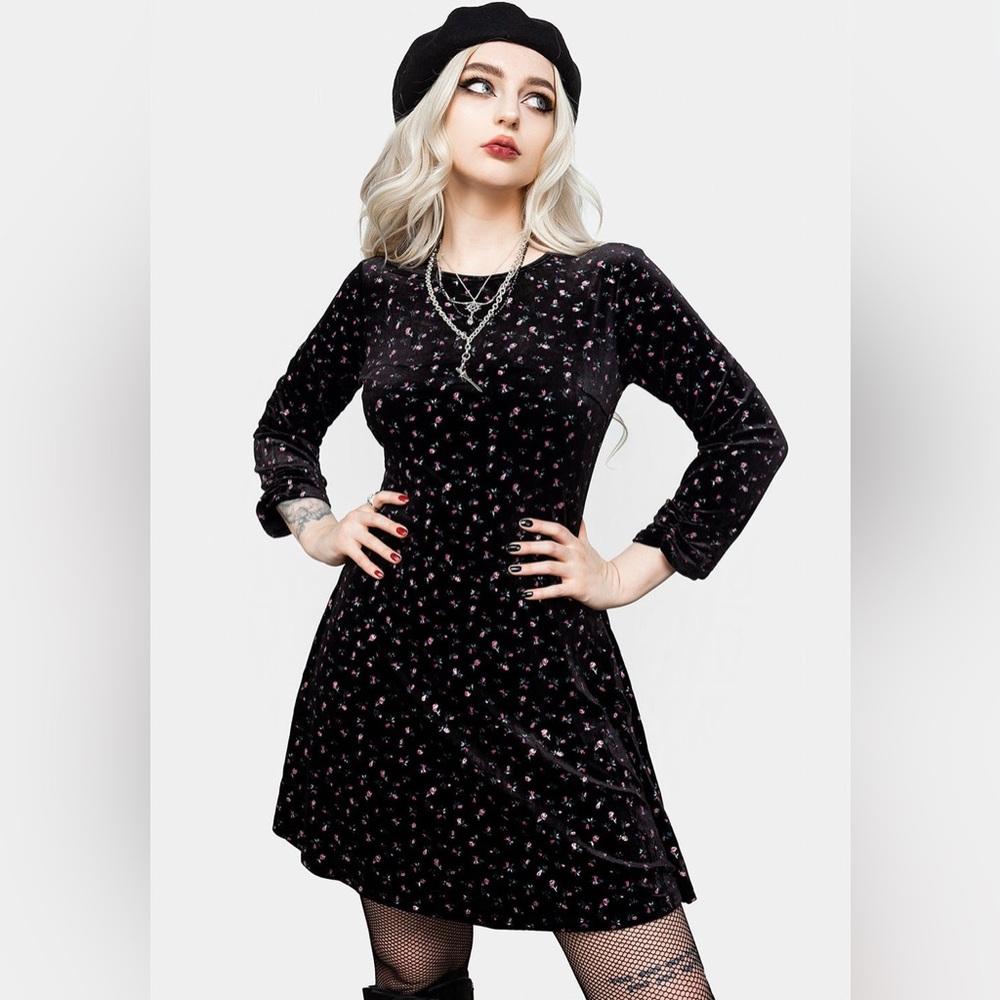 Disturbia | “Woe” Dress | Black Velvet Floral Skater | US 12 / UK 16